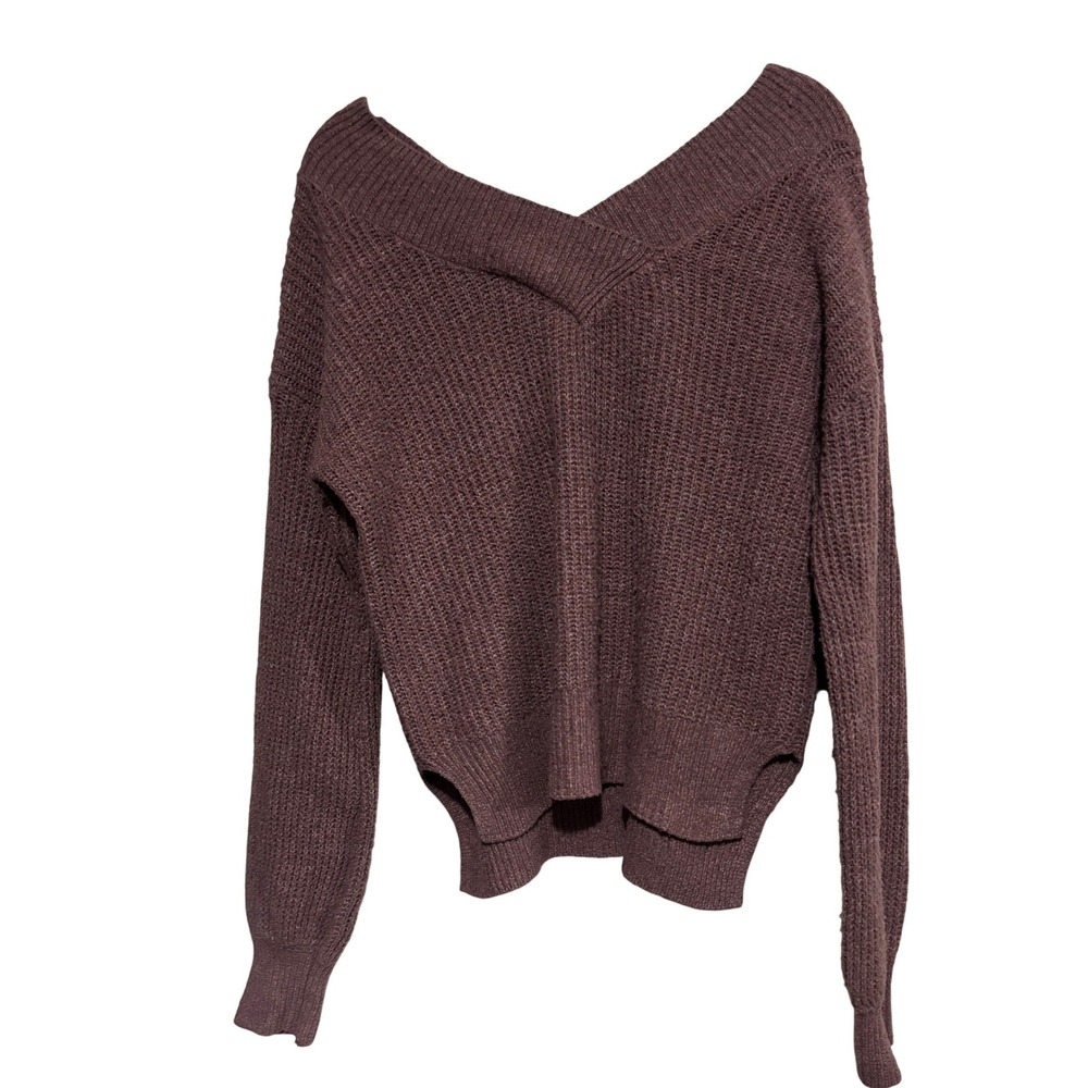 Pink Rose Mauve Off The Shoulder Knit Crossover V-Neck Sweater Long Sleeve - Picture 4 of 5
